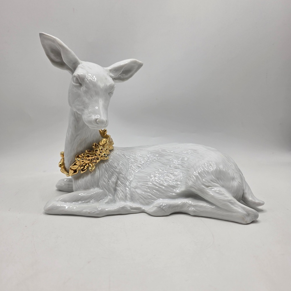 Traditions Porcelain Mother Deer White Gold Trim Christmas Decor Reclining Doe
